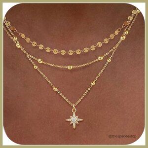 14k Gold Plated Layered Necklace Set with Beads and Pendant